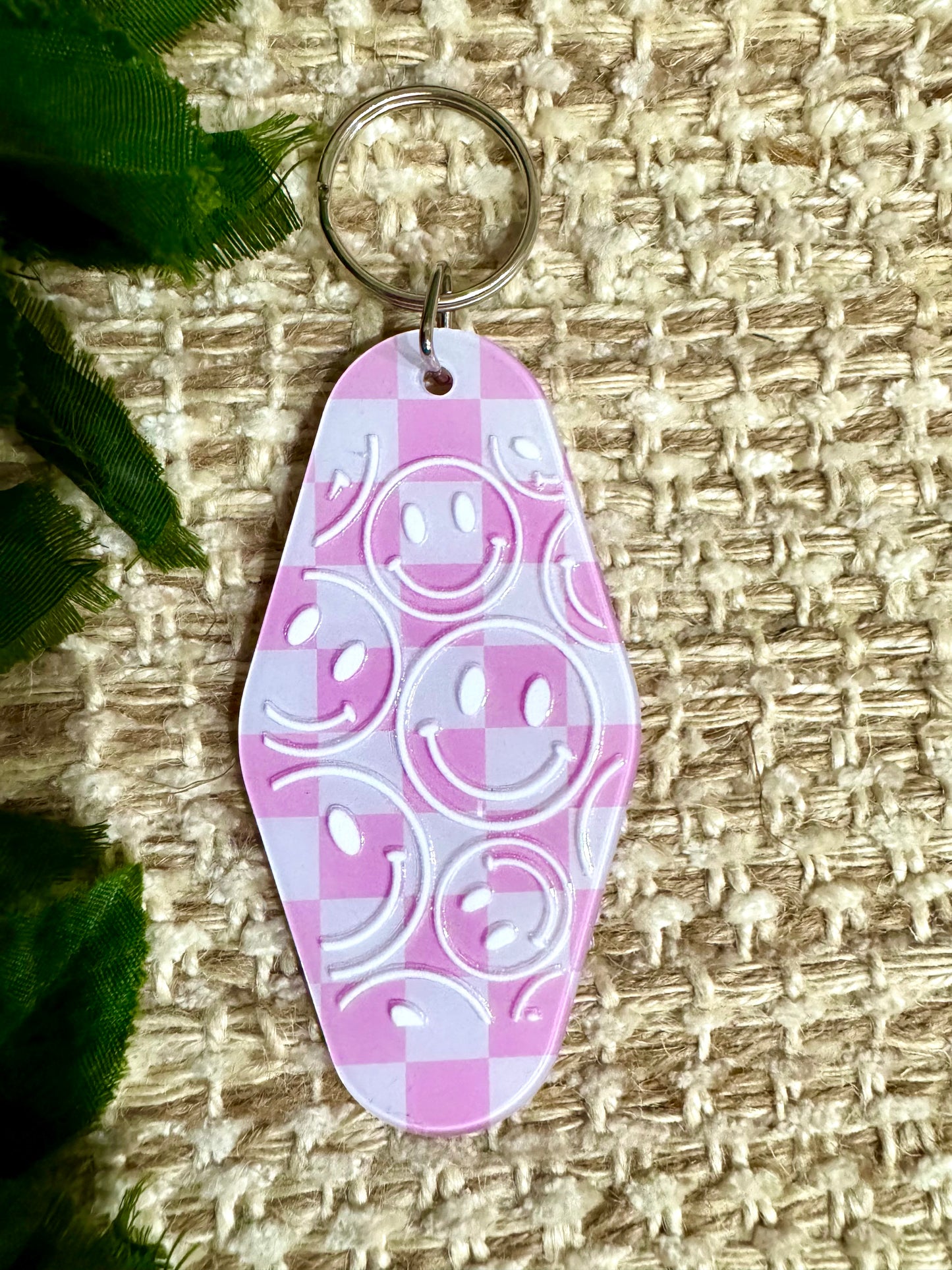 Pink Checkered Smiley Keychain