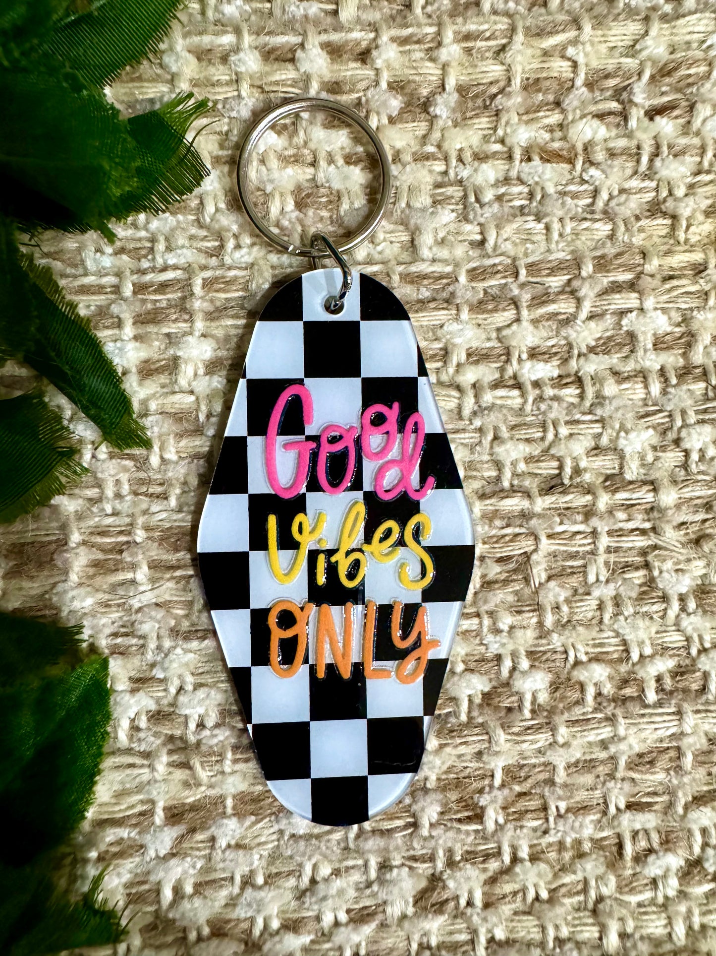 Good Vibes Black Checkered Keychain