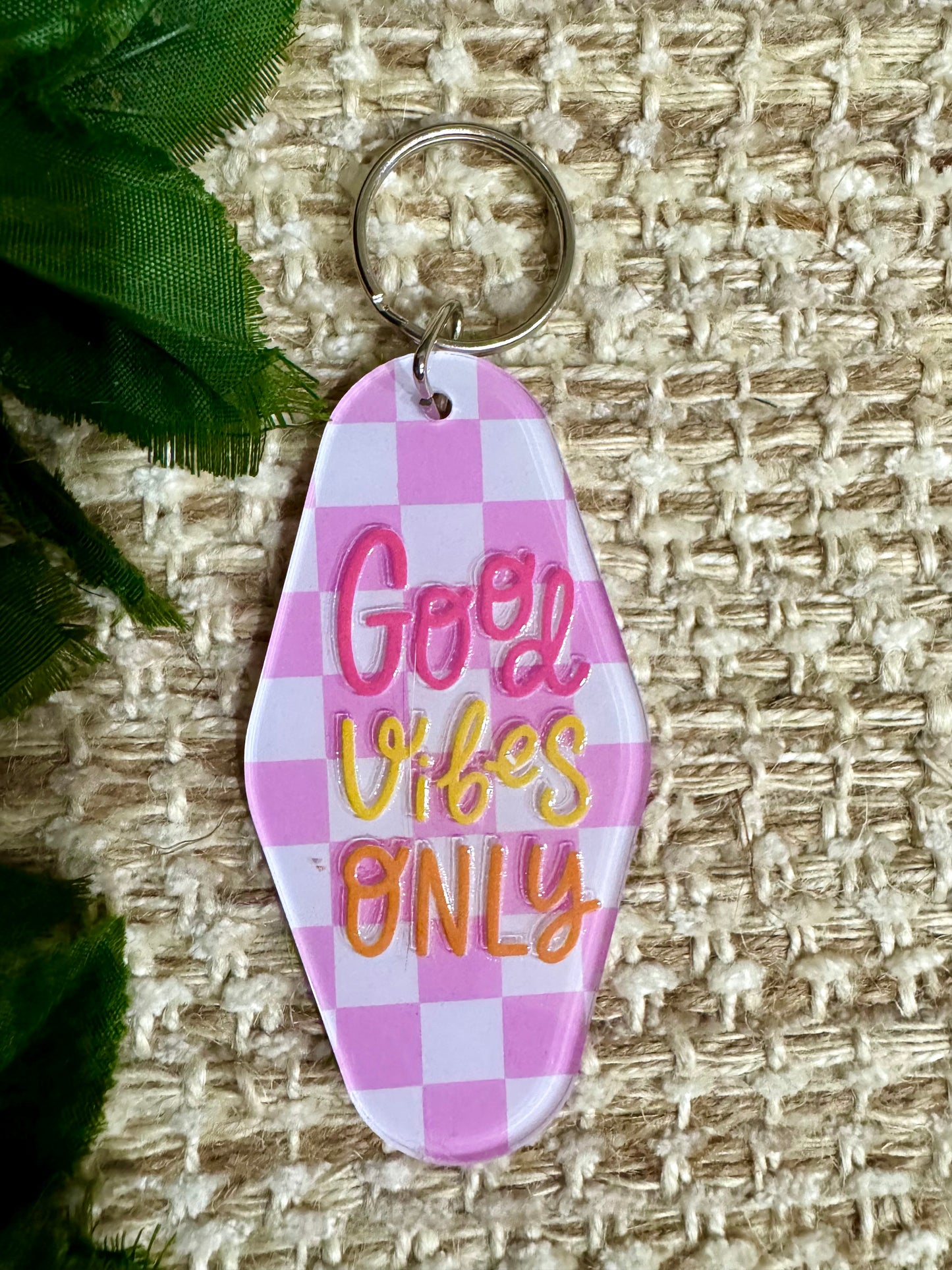Good Vibes Pink Checkered Acrylic Keychain