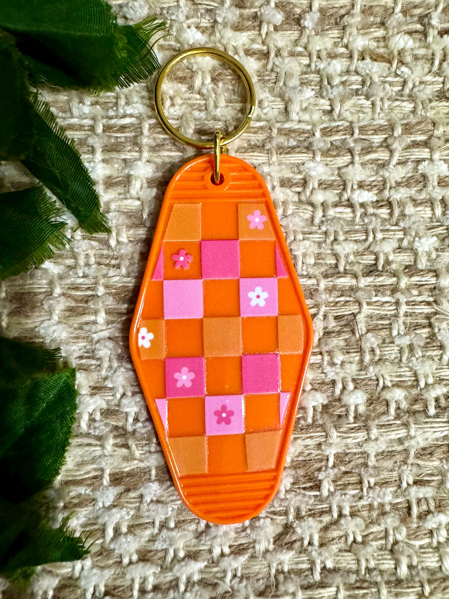 Orange Pink Checkered Hotel Keychain
