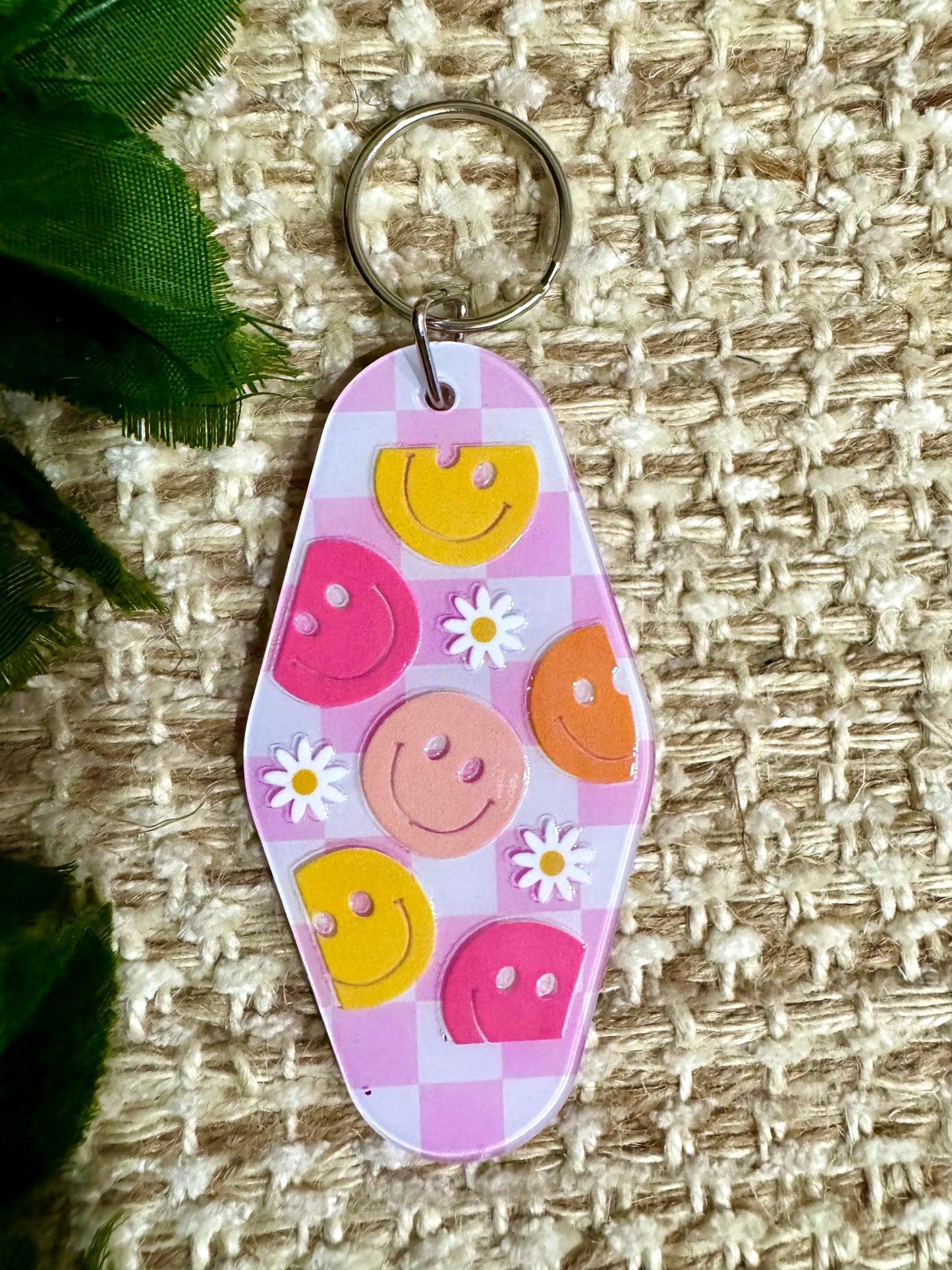 Smileys and Pink Checkered Keychain
