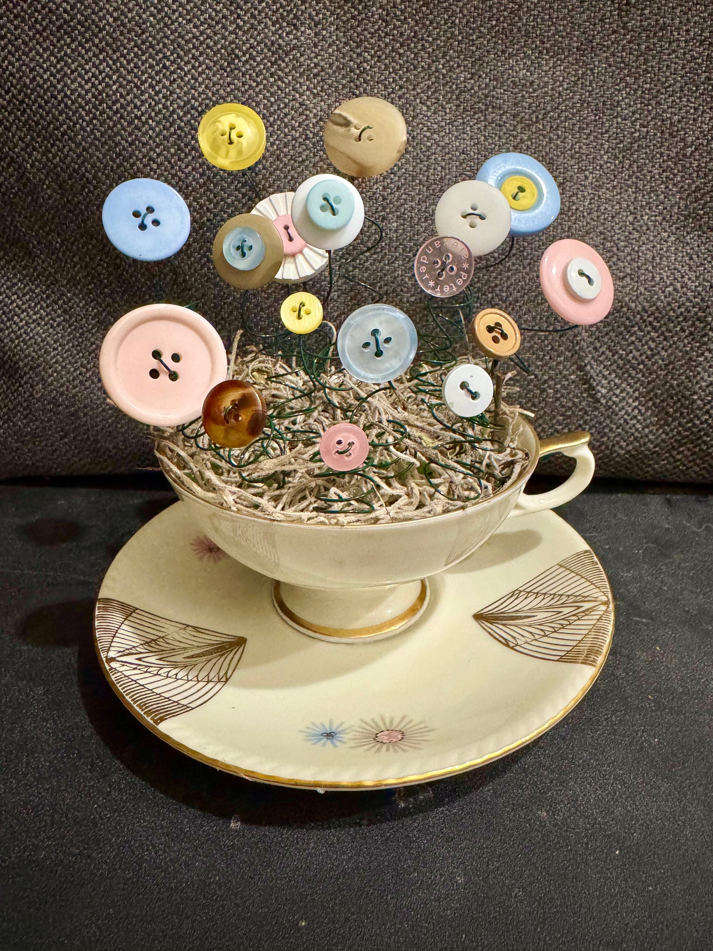 Cream/gold with pink/blue flower teacup button bouquet