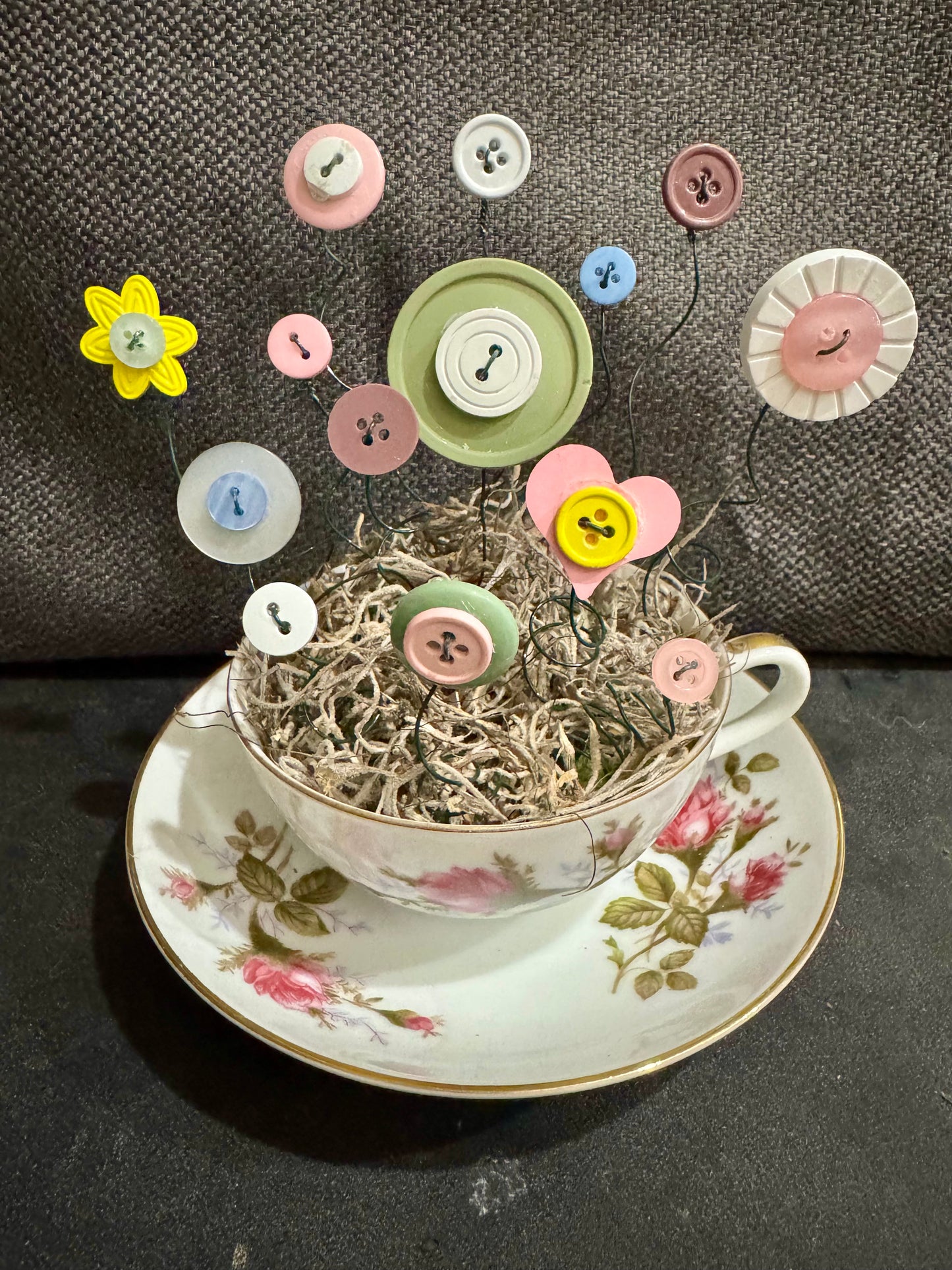 Pink rose teacup button bouquet